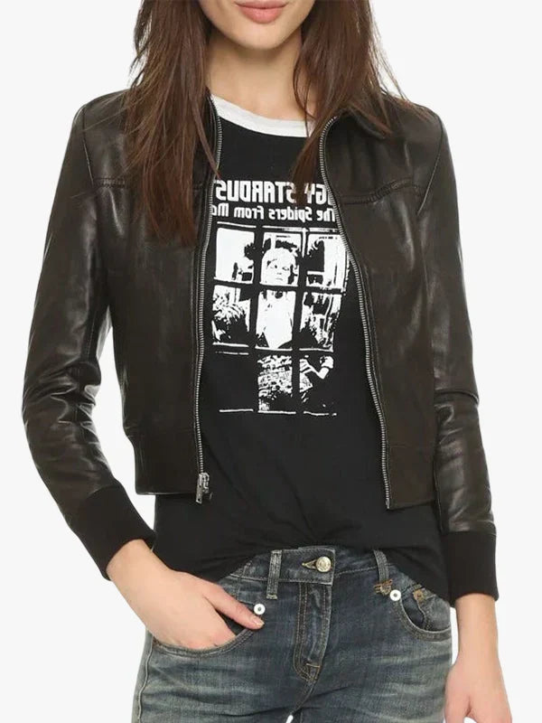 Amrika Utopia Black Leather Cropped Bomber Jacket