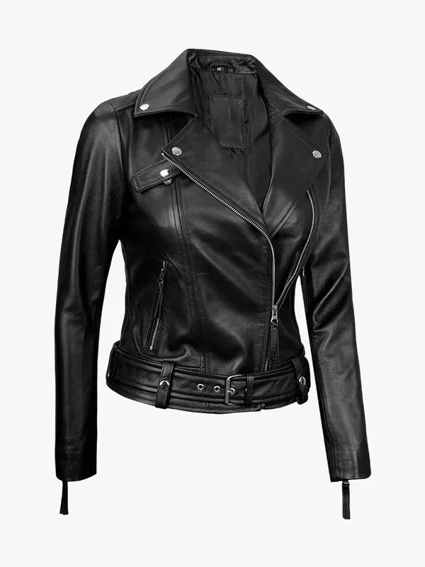 Angela Womens Asymmetrical Black Leather Jacket
