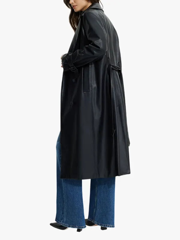Black Faux Leather Military Trench Coat