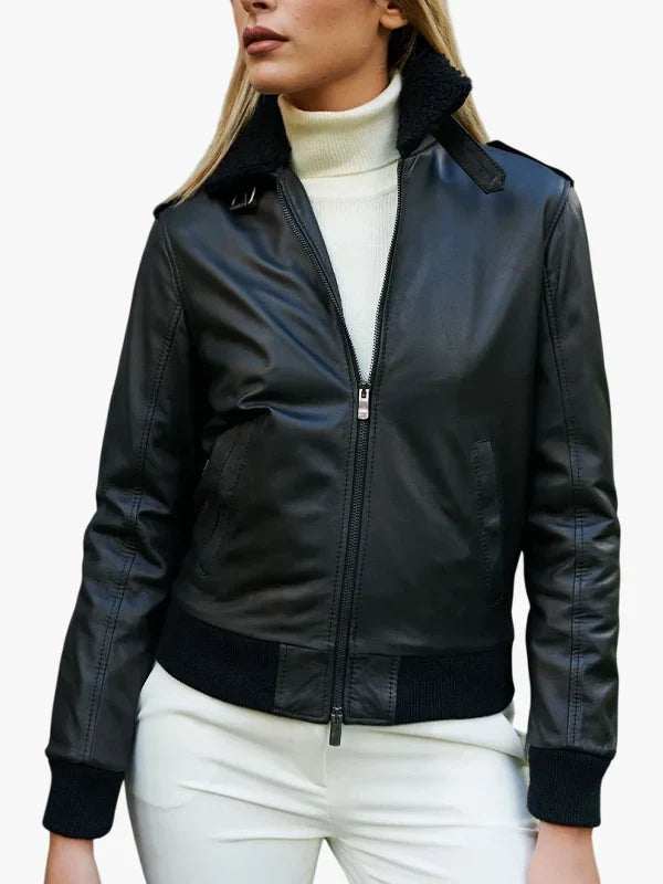 Black Leather Bomber Antea Aviator Smooth Effect Jacket