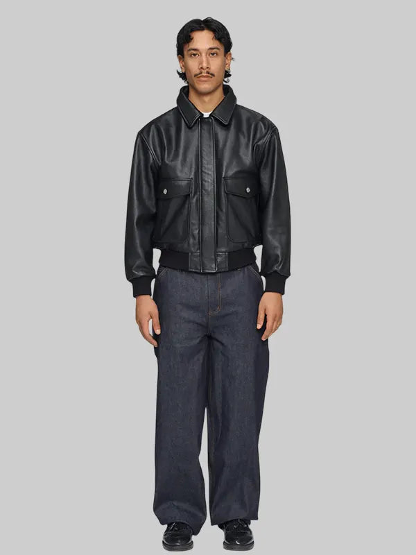 Black Leather Mutimer Bomber Jacket
