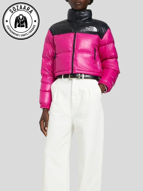 Black Pink North Face Cropped Puffer Jacket