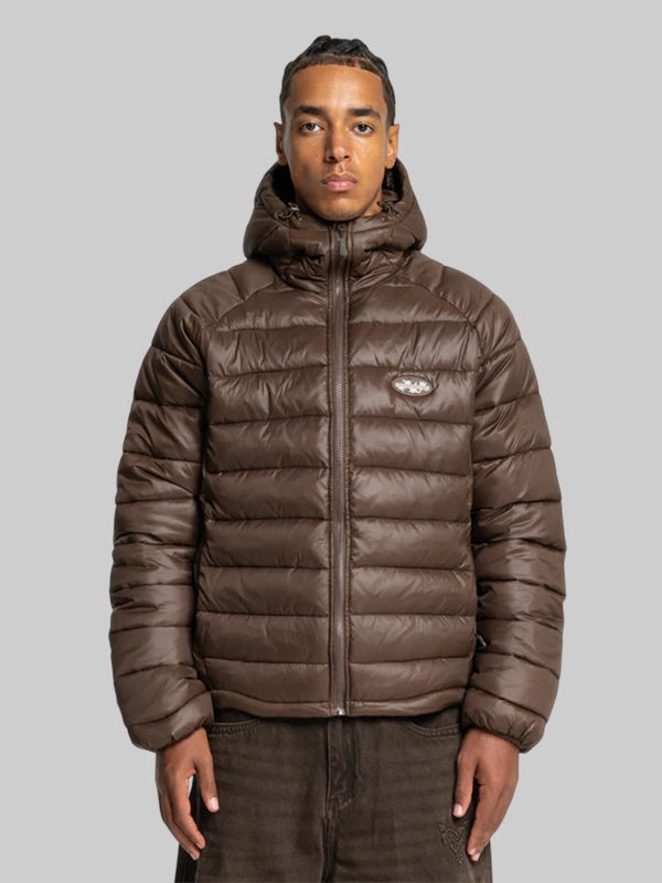 Brown Burocs Glossy Shiny Puffer Jacket With Hood