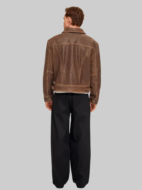 Brown Mutimer Leather Jacket Aged Heavy Wash 
