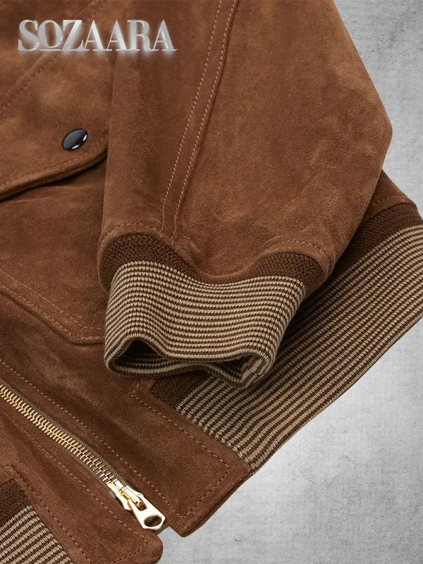 Brown Suede Leather Bomber Jacket Drakes