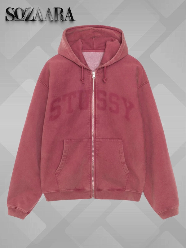 Burgundy Stussy Zip Hoodie Faded Graphic