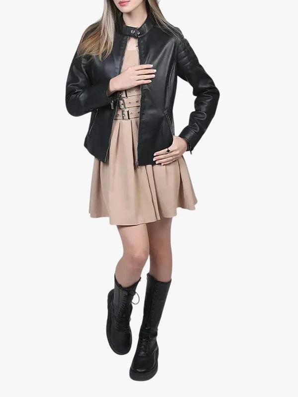 Carrie Women's Cafe Racer Black Leather Jacket 