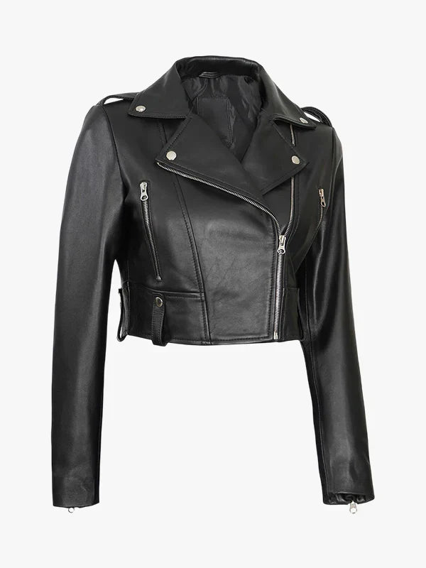 Colleen Cropped Leather Biker Jacket 