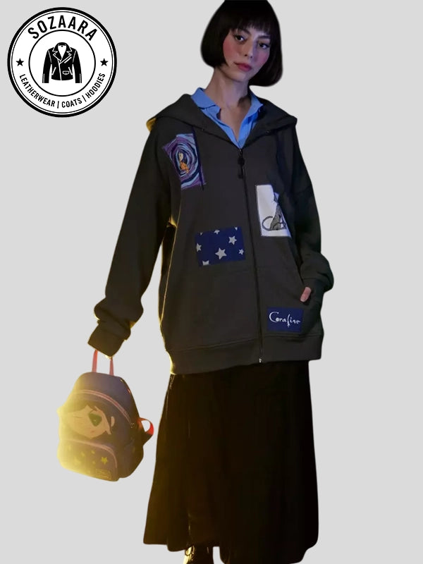 Coraline Patch Girls Oversized Grey Hoodie