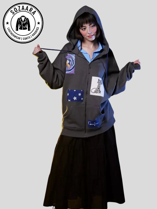 Coraline Patch Girls Oversized Hoodie Grey