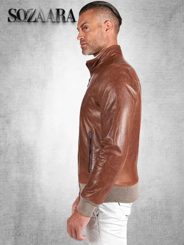 Darienzo Tan Brown Leather Bomber Jacket
