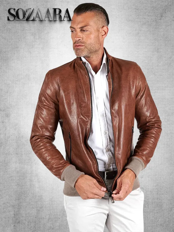 Darienzo Tan Leather Bomber Jacket