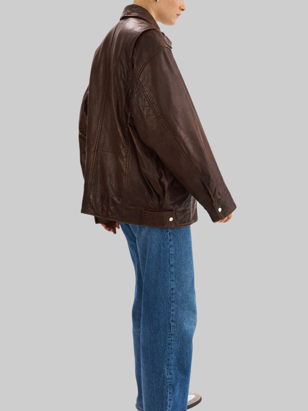 Dark Brown Lamarque Theia Oversized Leather Bomber Jacket