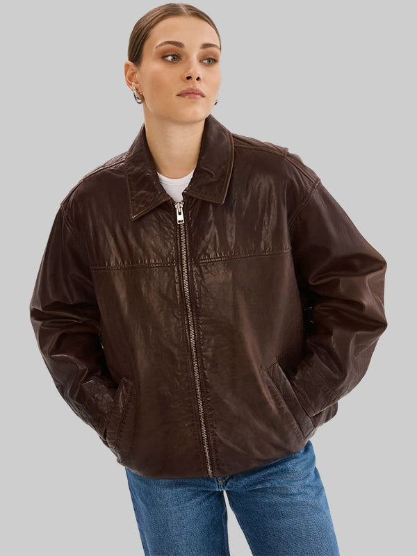 Dark Brown Theia Leather Bomber Jacket Lamarque