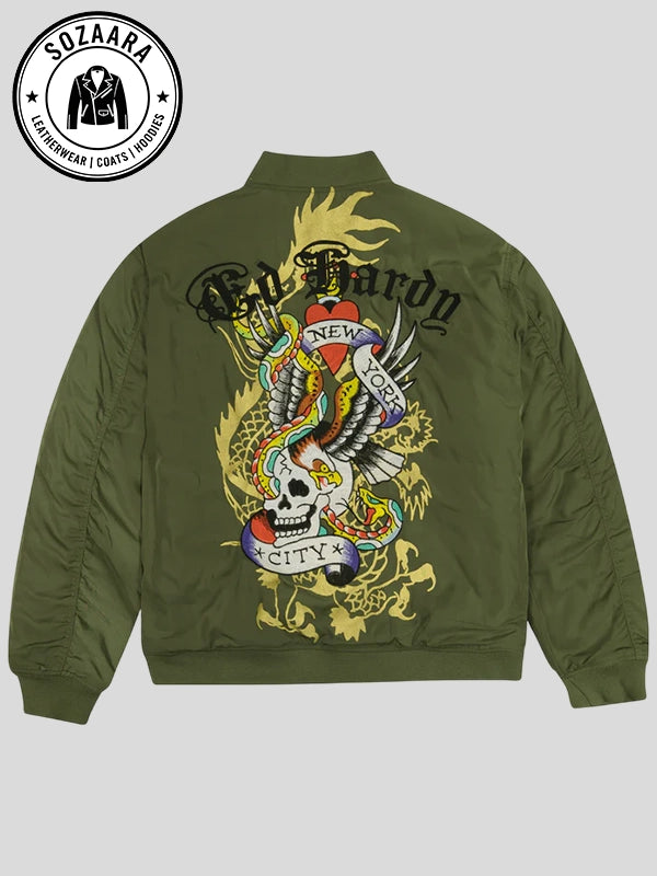 Ed Hardy NYC Skull Bomber Jacket Green