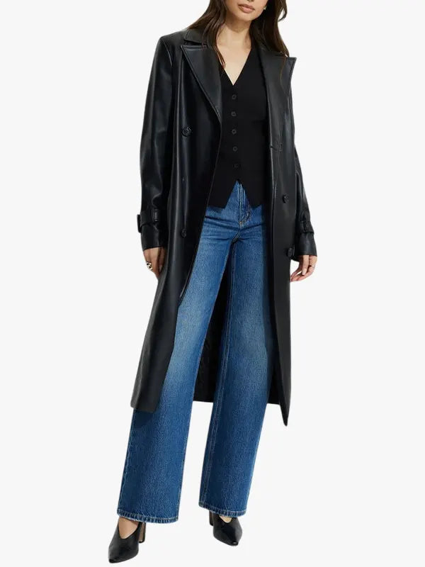 Faux Leather Military Trench Coat