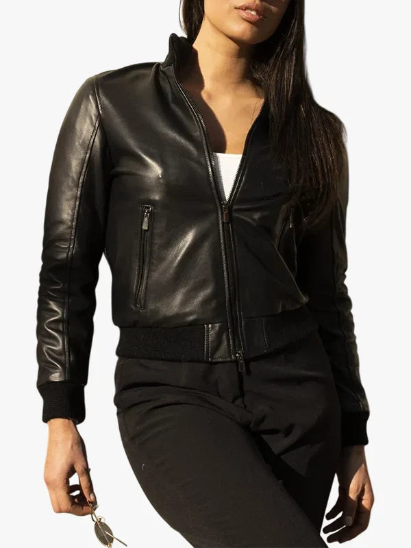 G155-Black Nappa Lamb Leather Jacket For  Womens