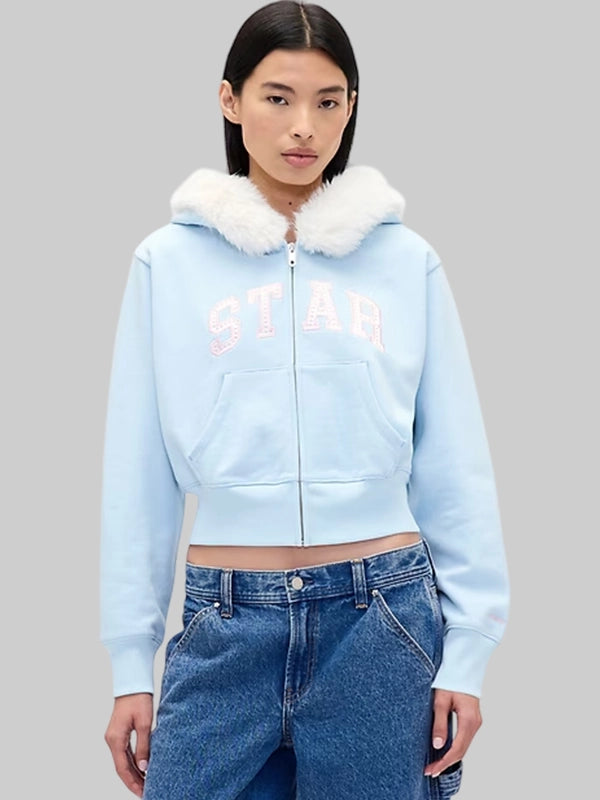 Gap × Sandy Liang Vegan Fur-Trim Blue Cropped Zip Hoodie
