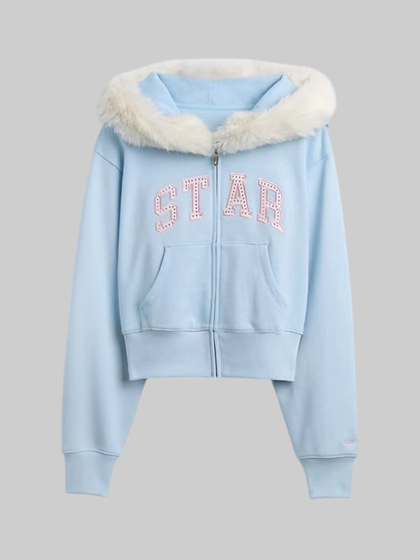 Gap × Sandy Liang Vegan Fur-Trim Crop Zip Hoodie
