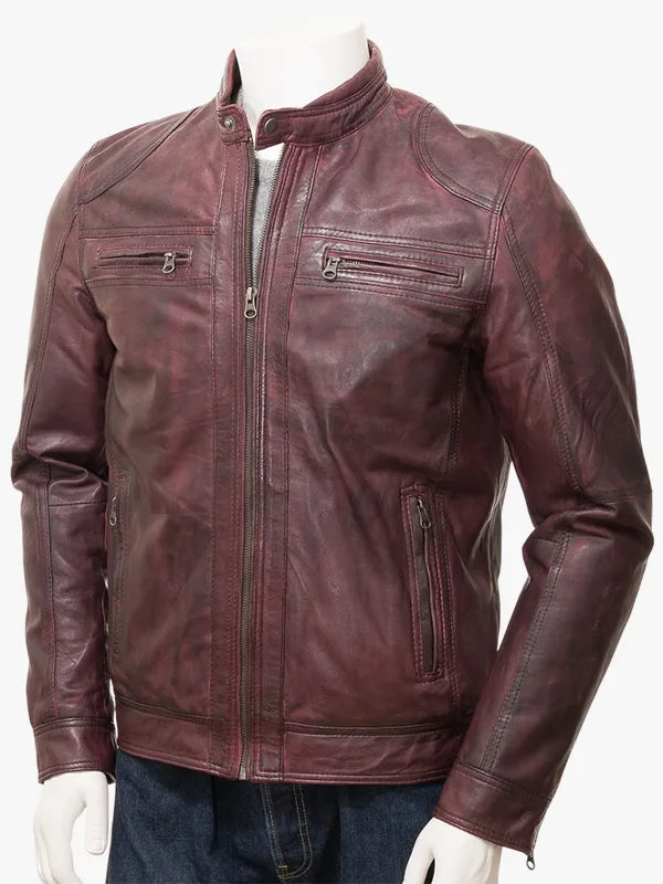 Gooseham Burgundy Leather Biker Jacket 
