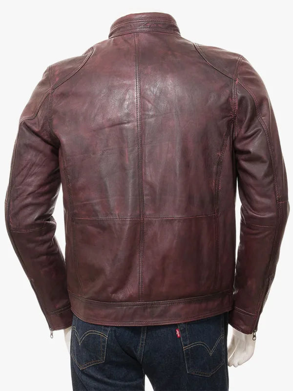 Gooseham Burgundy Leather Biker Men Jacket 