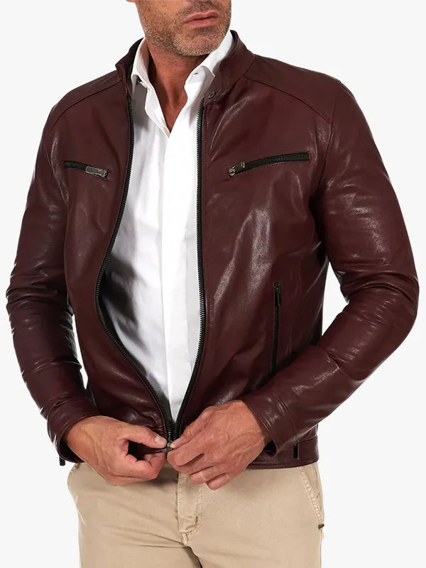 Hamilton - Bordeaux Vegetable Leather Jacket Four Zipper Pockets Vintage Effect 
