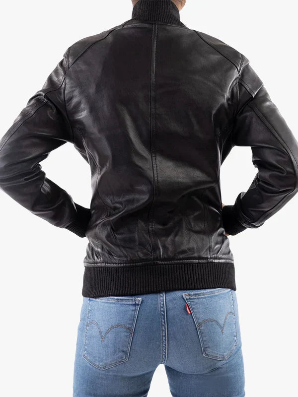 Jild Leather Women Genuine Leather Classic Baseball Black Bomber Style Jacket 