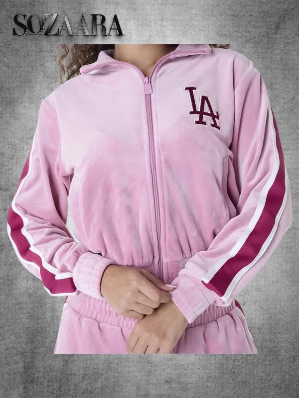 LA Dodgers Womens MLB Velour Dark Pink Track Jacket