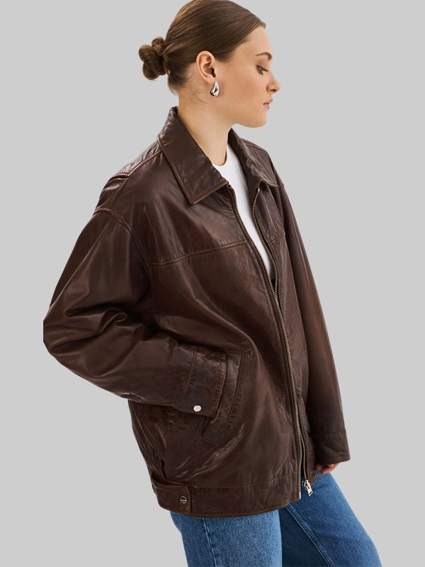 Lamarque Theia Leather Bomber Jacket Dark Brown