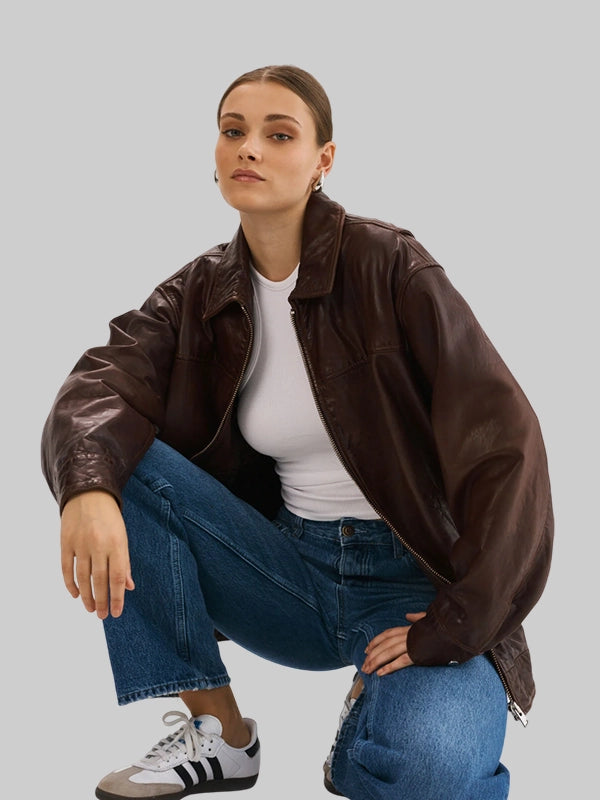 Lamarque Theia Oversized Leather Bomber Jacket Dark Brown