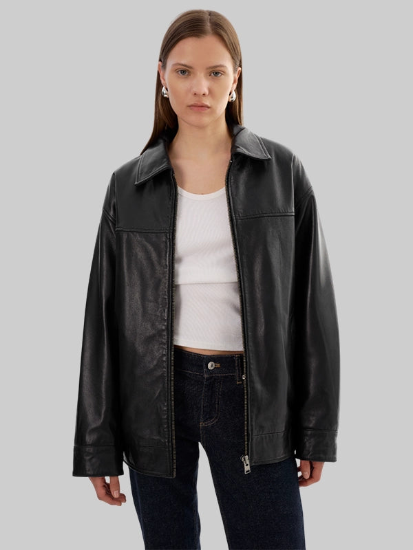 Lamarque Theia Oversized Leather Bomber Jacket In Black