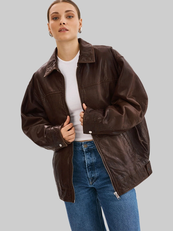 Lamarque Theia Oversized Leather Bomber Jacket In Dark Brown