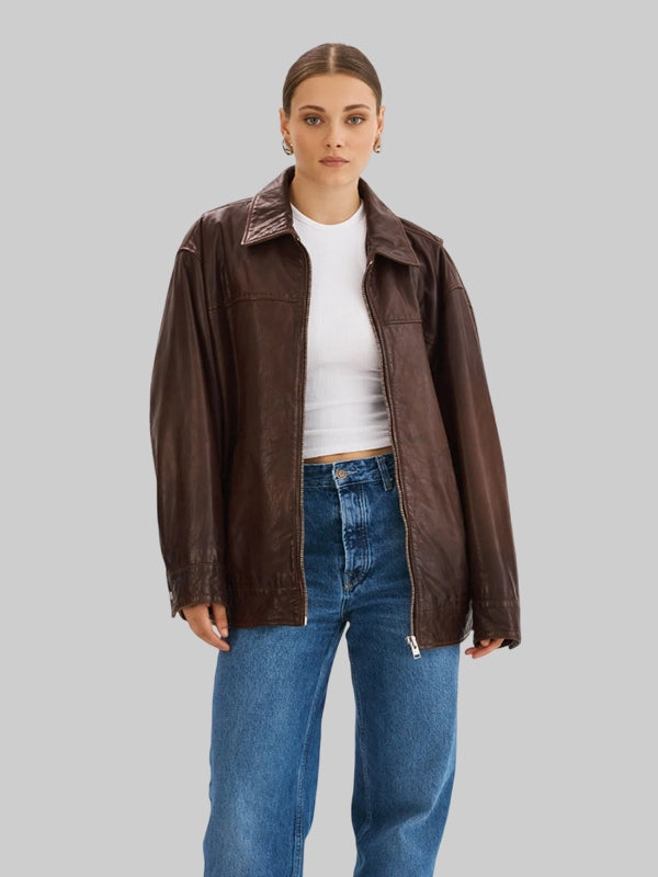 Lamarque Theia Oversized Leather Bomber Jacket In Dark Brown For Sale