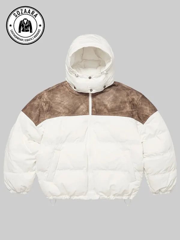 Leather Yoke White Supreme Puffer Jacket Womens