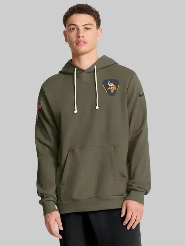 Men s Minnesota Vikings Nike Olive 2025 Salute to Service Sideline Standard Issue Dri FIT Hoodie
