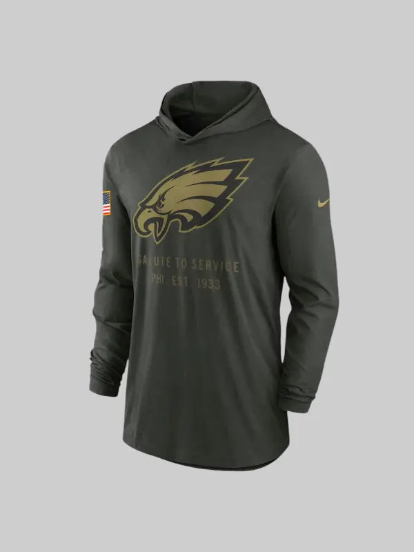Men s Nike Forest Green Philadelphia Eagles 2025 Salute to Service Sideline Dri FIT Lightweight Hooded Pullover