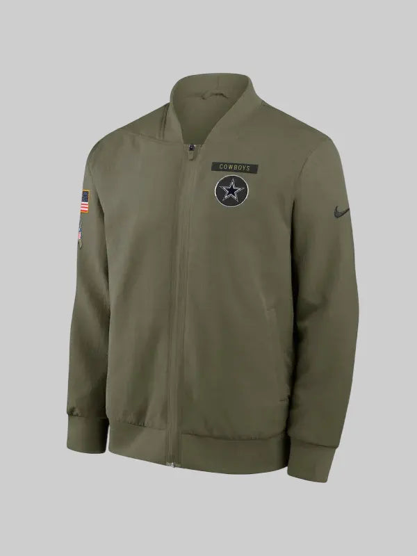 Men s Nike Olive Dallas Cowboys 2025 Salute to Service Sideline Full Zip Bomber Jacket