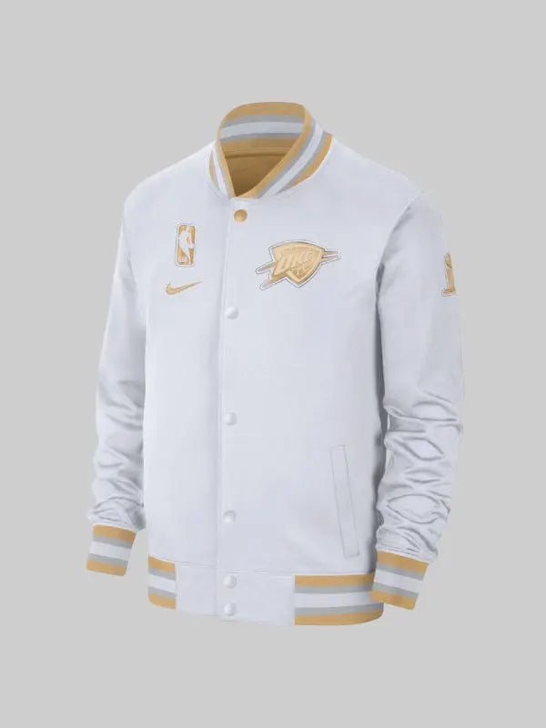 Men s Oklahoma City Thunder Nike White 2025 NBA Finals Champions Banner Raising Ceremony Authentic Showtime Full Zip Jacket