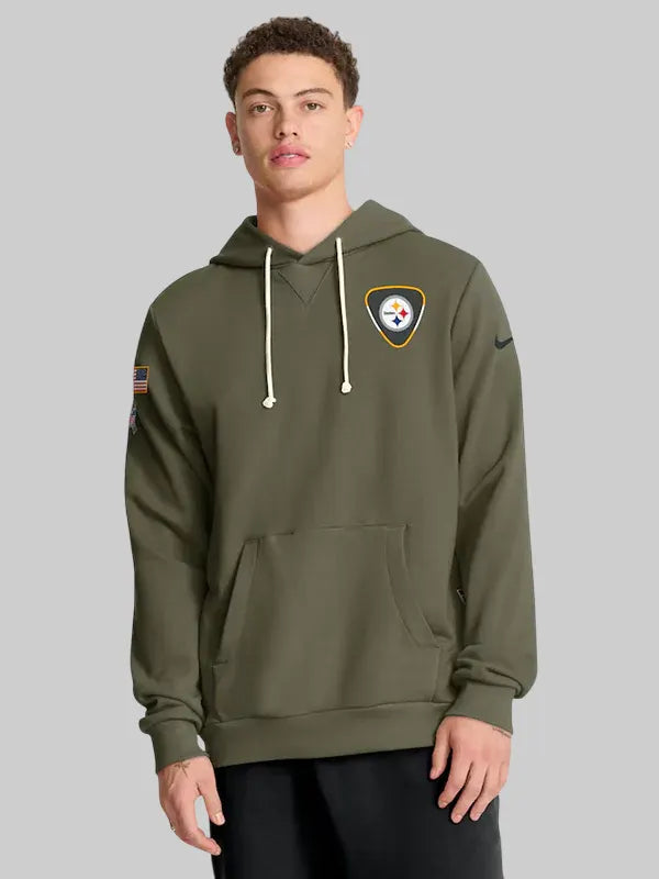 Men s Pittsburgh Steelers Nike Olive 2025 Salute to Service Sideline Standard Issue Dri FIT Hoodie.