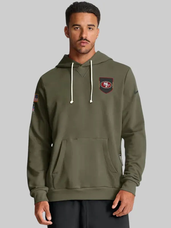 Men s San Francisco 49ers Nike Olive 2025 Salute to Service Sideline Standard Issue Dri FIT Hoodie