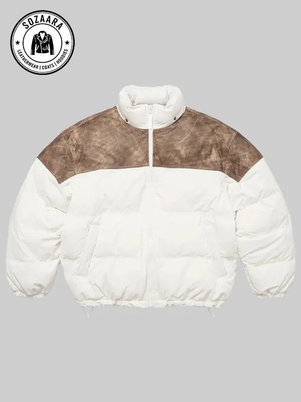 Mens Supreme Leather Yoke Puffer Jacket White