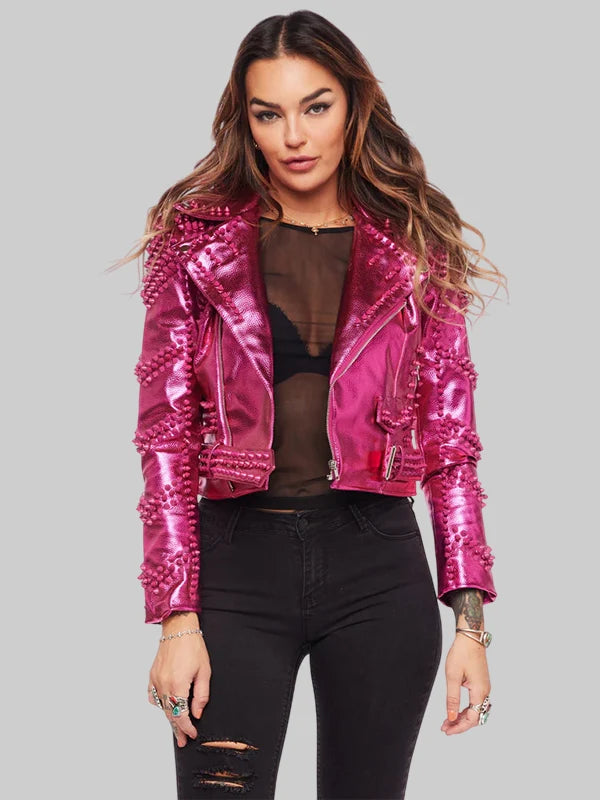Metalic Pink Leather Studded Moto Biker Leather Jacket