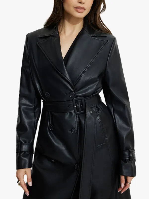 Military Faux Leather Trench Coat