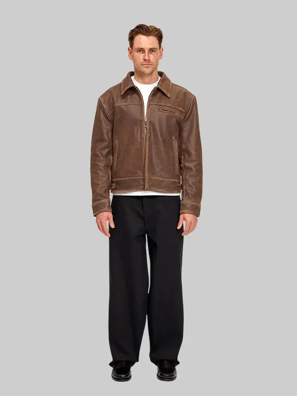Mutimer Aged Heavy Wash Brown Leather Jacket
