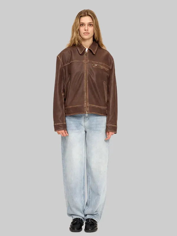 Mutimer Aged Heavy Wash Brown Leather Jacket Men's
