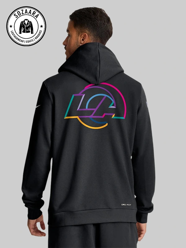 Nike Black Dri Fit Crucial Catch 2025 LA Rams Cancer Sweatshirt
