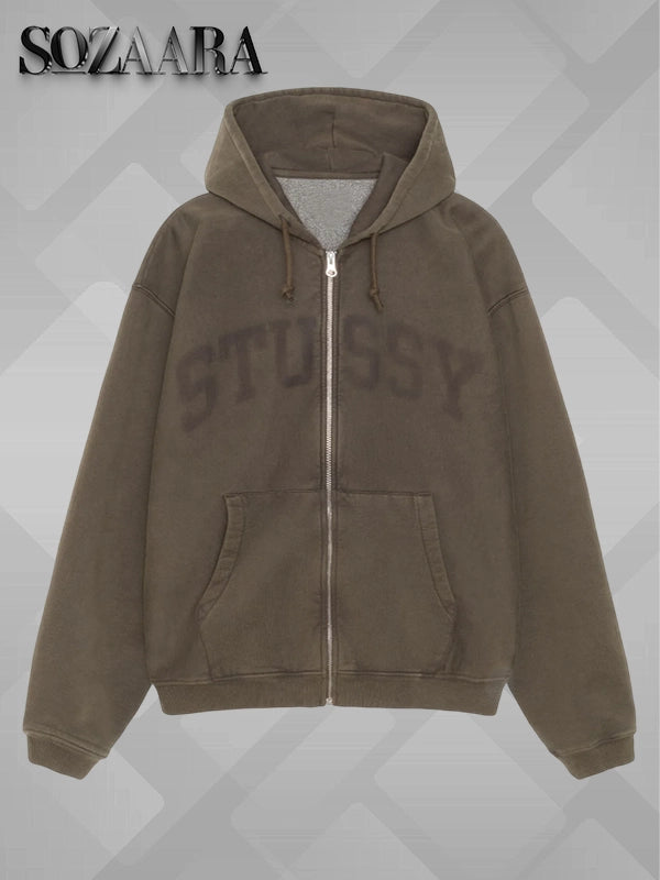 Olive Green Stussy Zip Hoodie Faded Graphic