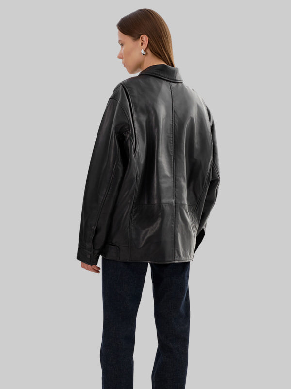 Oversized Black Theia Leather Bomber Jacket Lamarque