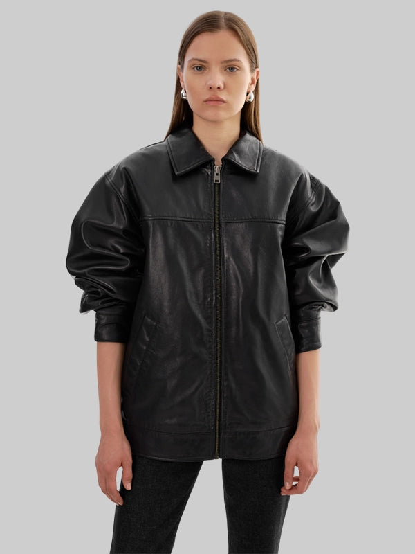Oversized Bomber Theia Lamarque Leather Jacket Black