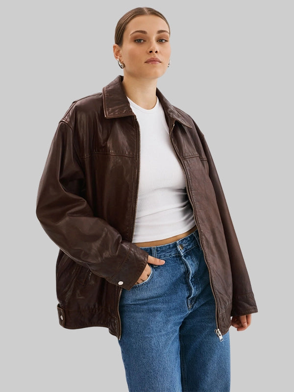 Oversized Lamarque Theia Leather Bomber Jacket In Dark Brown